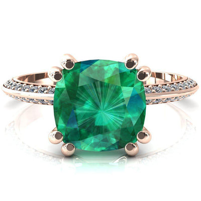 Nancy Cushion Emerald 4 Double Prong 1/2 Eternity Diamond Knife Shank Accent Engagement Ring-FIRE & BRILLIANCE