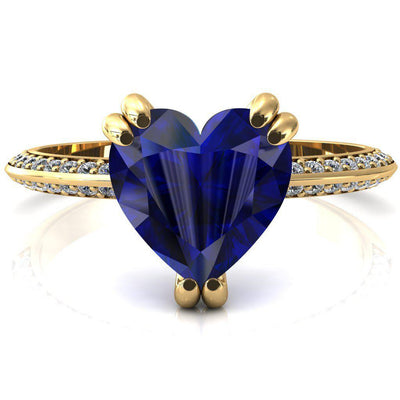 Nancy Heart Blue Sapphire 3 Double Prong 1/2 Eternity Diamond Knife Shank Accent Engagement Ring-FIRE & BRILLIANCE