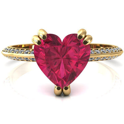 Nancy Heart Ruby 3 Double Prong 1/2 Eternity Diamond Knife Shank Accent Engagement Ring-FIRE & BRILLIANCE