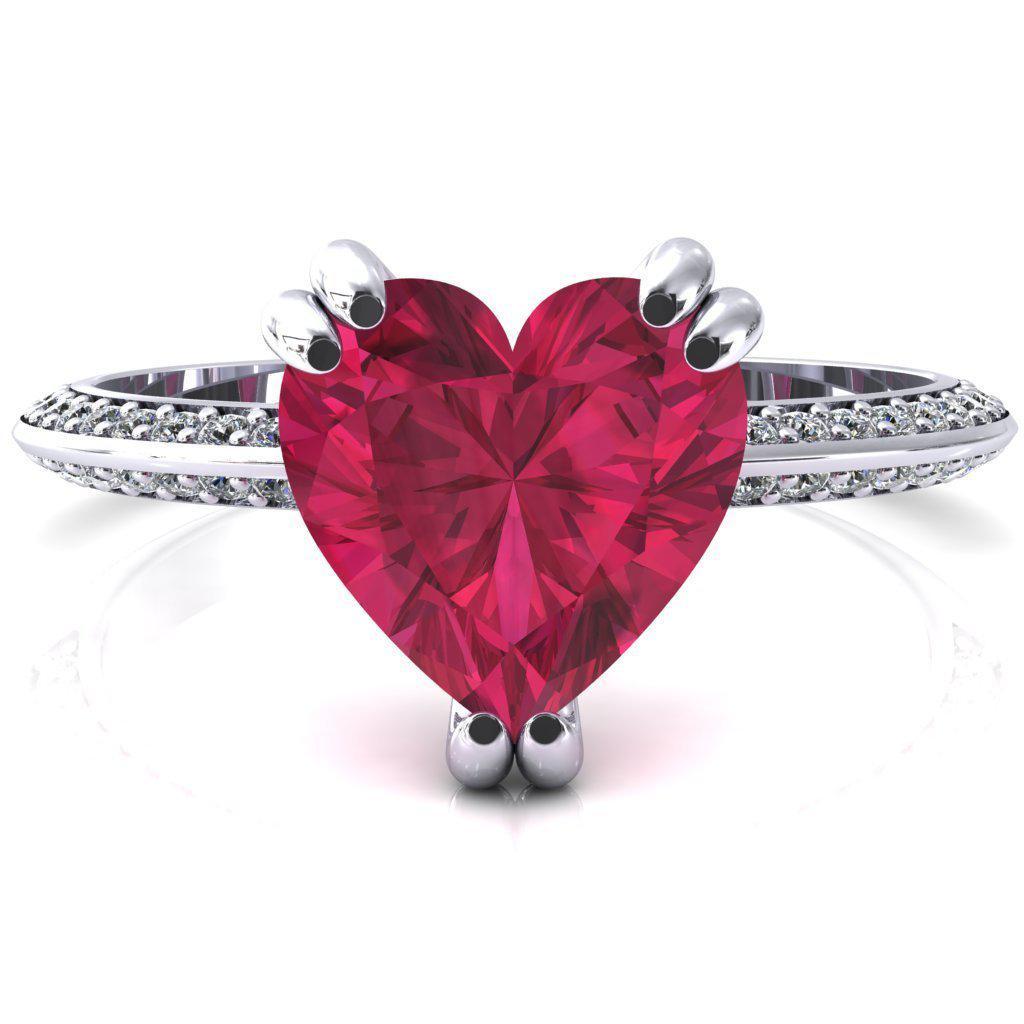 Nancy Heart Ruby 3 Double Prong 1/2 Eternity Diamond Knife Shank Accent Engagement Ring-FIRE & BRILLIANCE