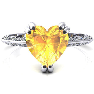 Nancy Heart Yellow Sapphire 3 Double Prong 1/2 Eternity Diamond Knife Shank Accent Engagement Ring-FIRE & BRILLIANCE