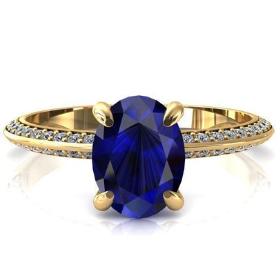 Nancy Oval Blue Sapphire 4 Prong 1/2 Eternity Diamond Knife Shank Accent Engagement Ring-FIRE & BRILLIANCE