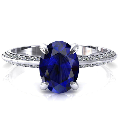 Nancy Oval Blue Sapphire 4 Prong 1/2 Eternity Diamond Knife Shank Accent Engagement Ring-FIRE & BRILLIANCE