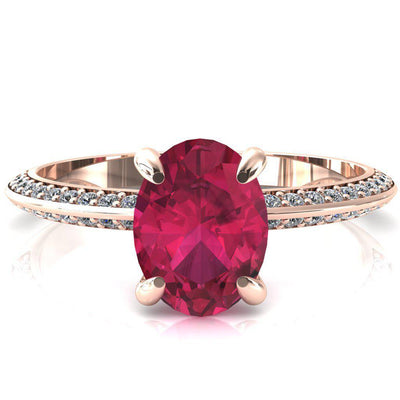 Nancy Oval Ruby 4 Prong 1/2 Eternity Diamond Knife Shank Accent Engagement Ring-FIRE & BRILLIANCE