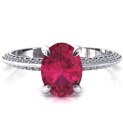 Nancy Oval Ruby 4 Prong 1/2 Eternity Diamond Knife Shank Accent Engagement Ring-FIRE & BRILLIANCE