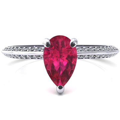 Nancy Pear Ruby 3 Prong 1/2 Eternity Diamond Knife Shank Accent Engagement Ring-FIRE & BRILLIANCE
