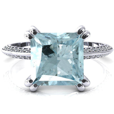 Nancy Princess Aqua Blue Spinel 4 Double Prong 1/2 Eternity Diamond Knife Shank Accent Engagement Ring-FIRE & BRILLIANCE