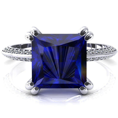 Nancy Princess Blue Sapphire 4 Double Prong 1/2 Eternity Diamond Knife Shank Accent Engagement Ring-FIRE & BRILLIANCE