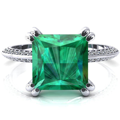 Nancy Princess Emerald 4 Double Prong 1/2 Eternity Diamond Knife Shank Accent Engagement Ring-FIRE & BRILLIANCE