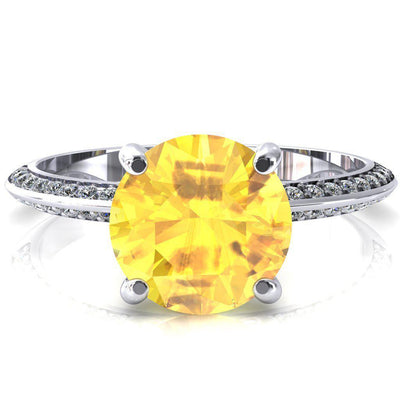 Nancy Round Yellow Sapphire 4 Prong 1/2 Eternity Diamond Knife Shank Accent Engagement Ring-FIRE & BRILLIANCE