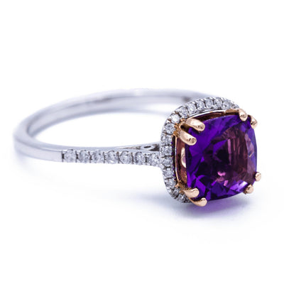 Natural Cushion Amethyst 14k Solid Two-Tone White Gold Band & Rose Gold 4 Prongs with Diamond Halo Ring 1.55 Carat Total Weight-Fire & Brilliance ® Creative Designs-Fire & Brilliance ®