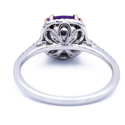 Natural Cushion Amethyst 14k Solid Two-Tone White Gold Band & Rose Gold 4 Prongs with Diamond Halo Ring 1.55 Carat Total Weight-Fire & Brilliance ® Creative Designs-Fire & Brilliance ®
