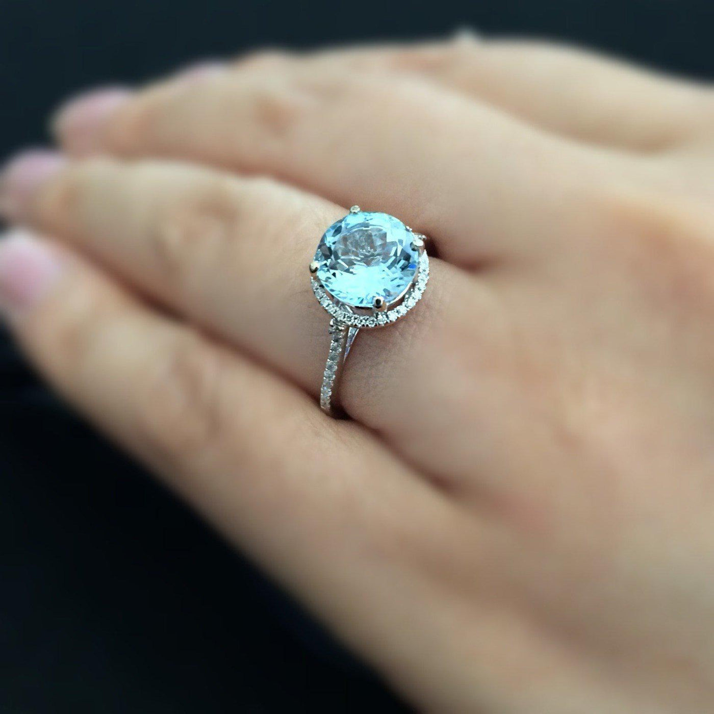 Natural Faceted Round AquaMarine 14k Solid White Gold with Diamond Shoulders and Halo Basket Setting 2.5 Carat Total Weight-Fire & Brilliance ® Creative Designs-Fire & Brilliance ®