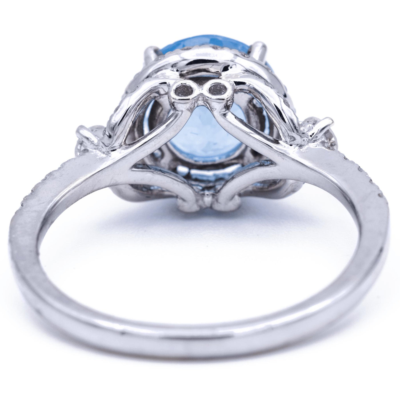 Natural Faceted Round AquaMarine 14k Solid White Gold with Diamond Shoulders and Halo Princess Setting 2 Carat Total Weight-Fire & Brilliance ® Creative Designs-Fire & Brilliance ®