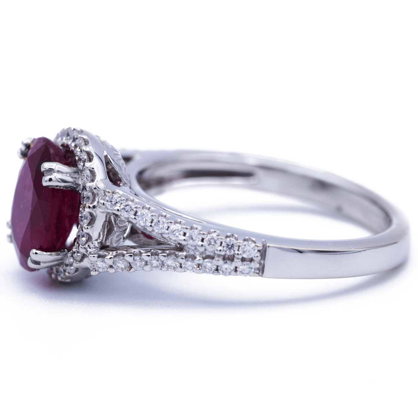 Natural Oval Ruby 14k Solid White Gold with Diamond Halo and Shoulders Heart Design 2.75 Carat Total Weight-Fire & Brilliance ® Creative Designs-Fire & Brilliance ®