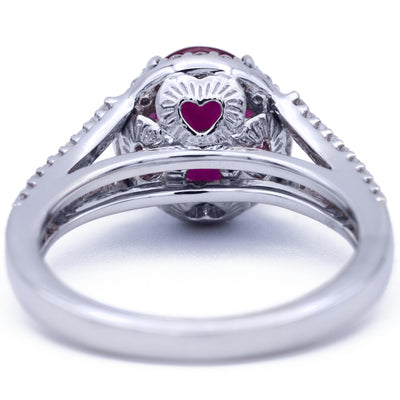 Natural Oval Ruby 14k Solid White Gold with Diamond Halo and Shoulders Heart Design 2.75 Carat Total Weight-Fire & Brilliance ® Creative Designs-Fire & Brilliance ®