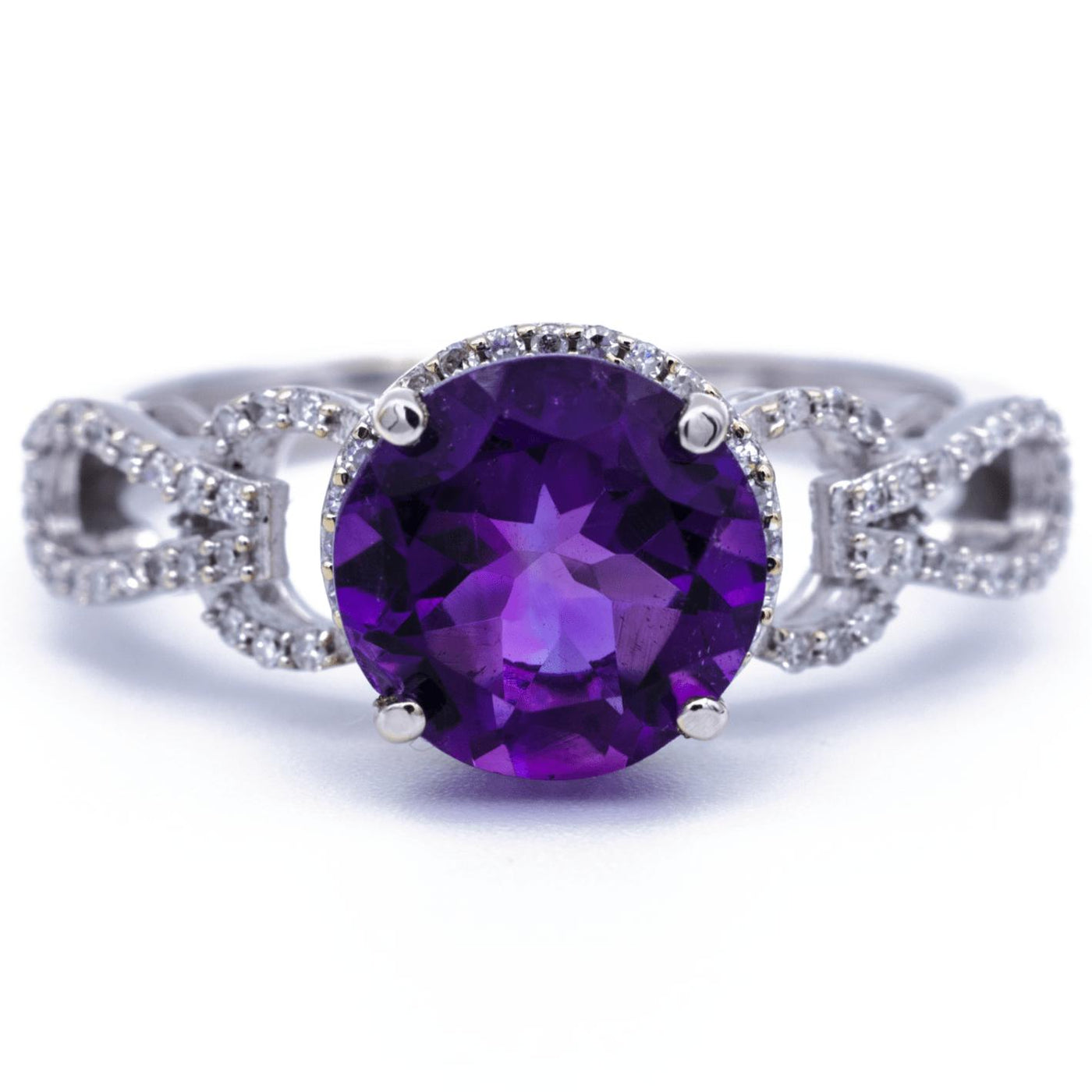 Natural Round Amethyst 14k Solid White Gold Diamond Halo Micro Pave Design Shoulders Ring 2.05 Carat Total Weight-Fire & Brilliance ® Creative Designs-Fire & Brilliance ®