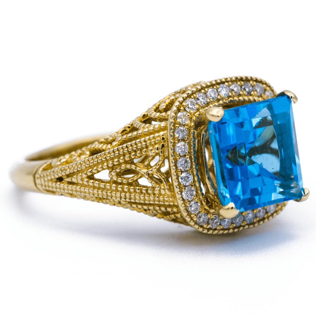Natural Square Cut Blue Topaz 14k Solid Yellow Gold
