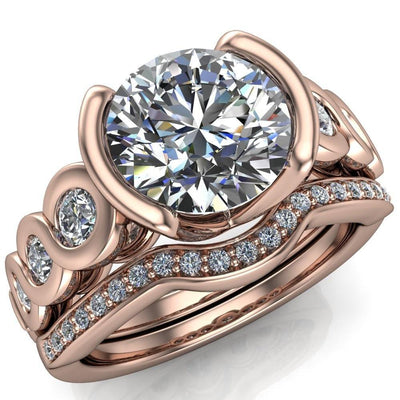 Nayeli Round Moissanite Half Bezel Center and 6 Stone Infinite Side Ring-Custom-Made Jewelry-Fire & Brilliance ®
