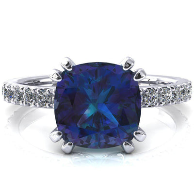 Nefili Cushion Alexandrite 4 Double Prong 3/4 Eternity Diamond French Pave Engagement Ring-FIRE & BRILLIANCE