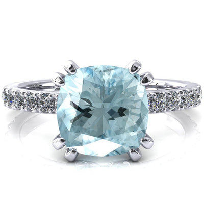 Nefili Cushion Aqua Blue Spinel 4 Double Prong 3/4 Eternity Diamond French Pave Engagement Ring-FIRE & BRILLIANCE