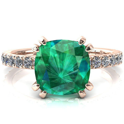 Nefili Cushion Emerald 4 Double Prong 3/4 Eternity Diamond French Pave Engagement Ring-FIRE & BRILLIANCE