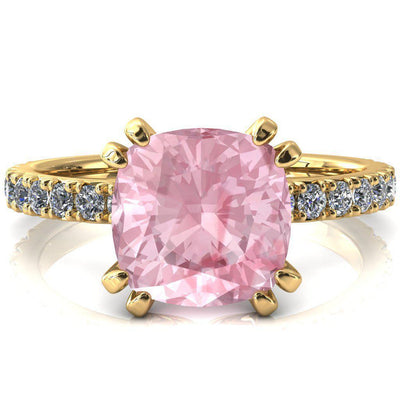 Nefili Cushion Pink Sapphire 4 Double Prong 3/4 Eternity Diamond French Pave Engagement Ring-FIRE & BRILLIANCE