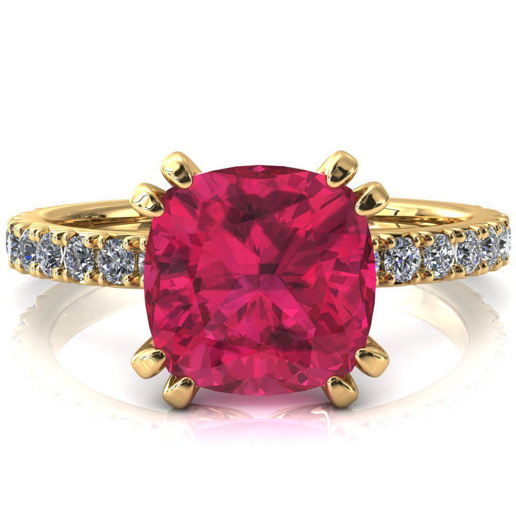 Nefili Cushion Ruby 4 Double Prong 3/4 Eternity Diamond French Pave Engagement Ring-FIRE & BRILLIANCE
