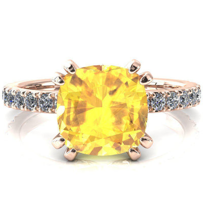 Nefili Cushion Yellow Sapphire 4 Double Prong 3/4 Eternity Diamond French Pave Engagement Ring-FIRE & BRILLIANCE