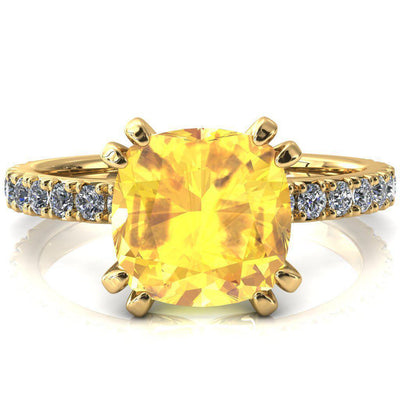 Nefili Cushion Yellow Sapphire 4 Double Prong 3/4 Eternity Diamond French Pave Engagement Ring-FIRE & BRILLIANCE