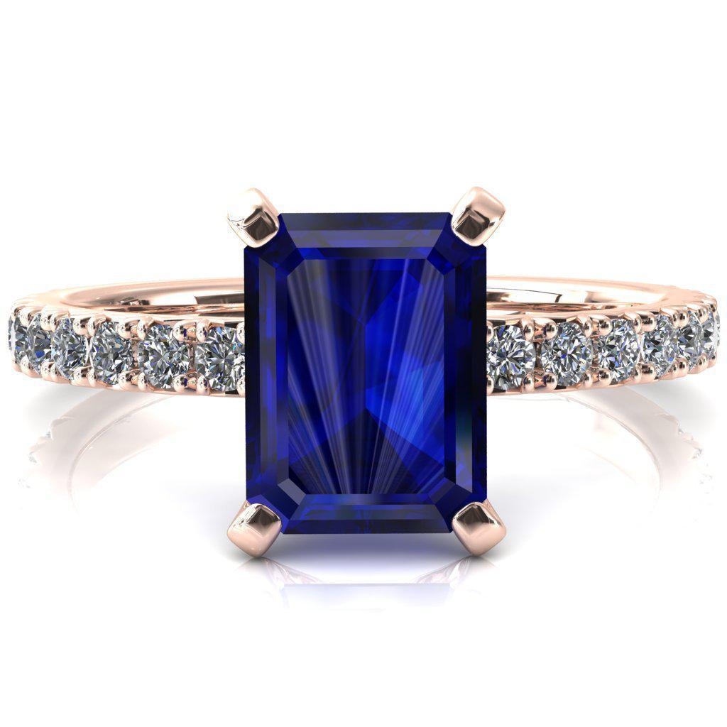 Nefili Emerald Blue Sapphire 4 Prong 3/4 Eternity Diamond French Pave Engagement Ring-FIRE & BRILLIANCE