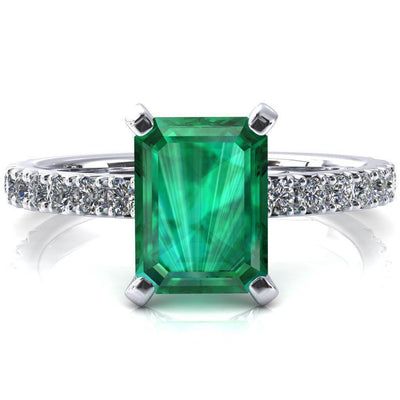 Nefili Emerald Emerald 4 Prong 3/4 Eternity Diamond French Pave Engagement Ring-FIRE & BRILLIANCE