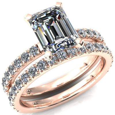 Nefili Emerald Moissanite 4 Prong 3/4 Eternity Diamond French Pave Engagement Ring-Cassia | Sidestone-Fire & Brilliance ®