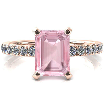 Nefili Emerald Pink Sapphire 4 Prong 3/4 Eternity Diamond French Pave Engagement Ring-FIRE & BRILLIANCE