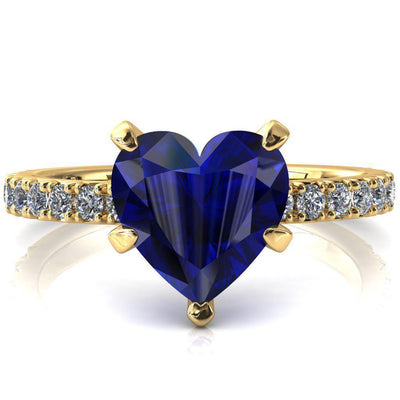 Nefili Heart Blue Sapphire 5 Prong 3/4 Eternity Diamond French Pave Engagement Ring-FIRE & BRILLIANCE