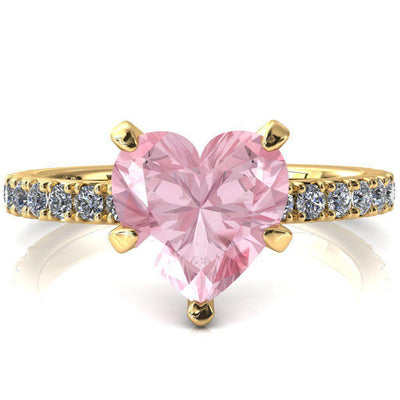 Nefili Heart Pink Sapphire 5 Prong 3/4 Eternity Diamond French Pave Engagement Ring-FIRE & BRILLIANCE