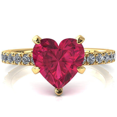 Nefili Heart Ruby 5 Prong 3/4 Eternity Diamond French Pave Engagement Ring-FIRE & BRILLIANCE