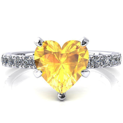 Nefili Heart Yellow Sapphire 5 Prong 3/4 Eternity Diamond French Pave Engagement Ring-FIRE & BRILLIANCE
