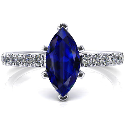 Nefili Marquise Blue Sapphire 6 Prong 3/4 Eternity Diamond French Pave Engagement Ring-FIRE & BRILLIANCE