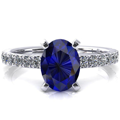Nefili Oval Blue Sapphire 4 Prong 3/4 Eternity Diamond French Pave Engagement Ring-FIRE & BRILLIANCE