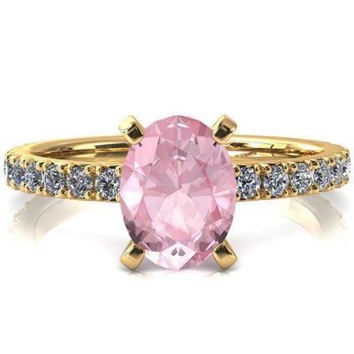Nefili Oval Pink Sapphire 4 Prong 3/4 Eternity Diamond French Pave Engagement Ring-FIRE & BRILLIANCE