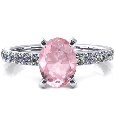 Nefili Oval Pink Sapphire 4 Prong 3/4 Eternity Diamond French Pave Engagement Ring-FIRE & BRILLIANCE