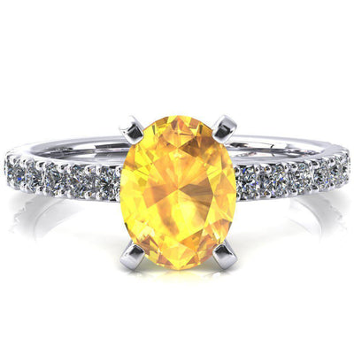 Nefili Oval Yellow Sapphire 4 Prong 3/4 Eternity Diamond French Pave Engagement Ring-FIRE & BRILLIANCE