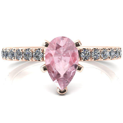 Nefili Pear Pink Sapphire 5 Prong 3/4 Eternity Diamond French Pave Engagement Ring-FIRE & BRILLIANCE