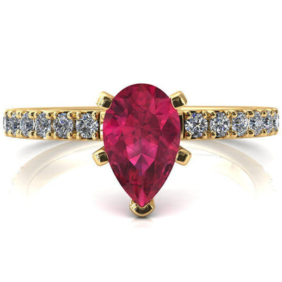 Nefili Pear Ruby 5 Prong 3/4 Eternity Diamond French Pave Engagement Ring-FIRE & BRILLIANCE