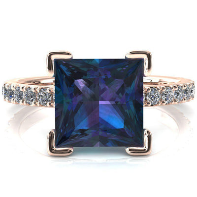 Nefili Princess Alexandrite 4 Prong 3/4 Eternity Diamond French Pave Engagement Ring-FIRE & BRILLIANCE