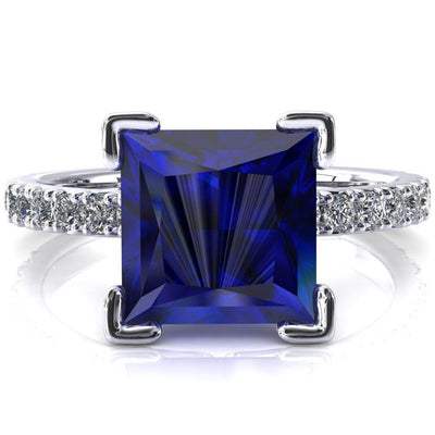 Nefili Princess Blue Sapphire 4 Prong 3/4 Eternity Diamond French Pave Engagement Ring-FIRE & BRILLIANCE