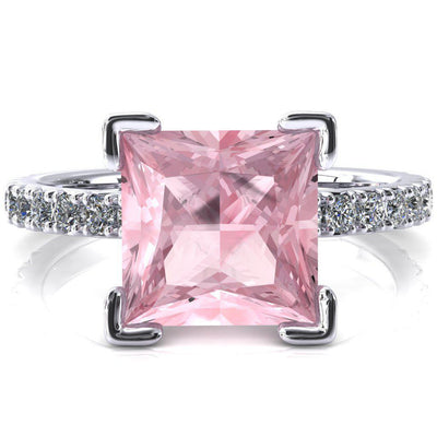 Nefili Princess Pink Sapphire 4 Prong 3/4 Eternity Diamond French Pave Engagement Ring-FIRE & BRILLIANCE