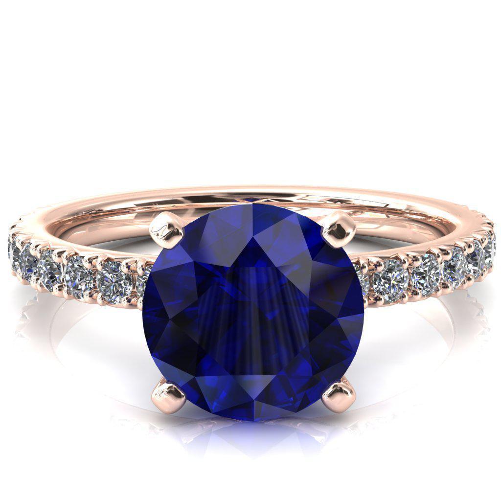 Nefili Round Blue Sapphire 4 Prong 3/4 Eternity Diamond French Pave Engagement Ring-FIRE & BRILLIANCE