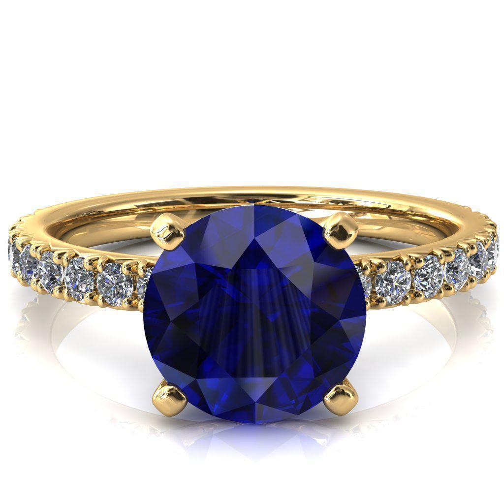 Nefili Round Blue Sapphire 4 Prong 3/4 Eternity Diamond French Pave Engagement Ring-FIRE & BRILLIANCE